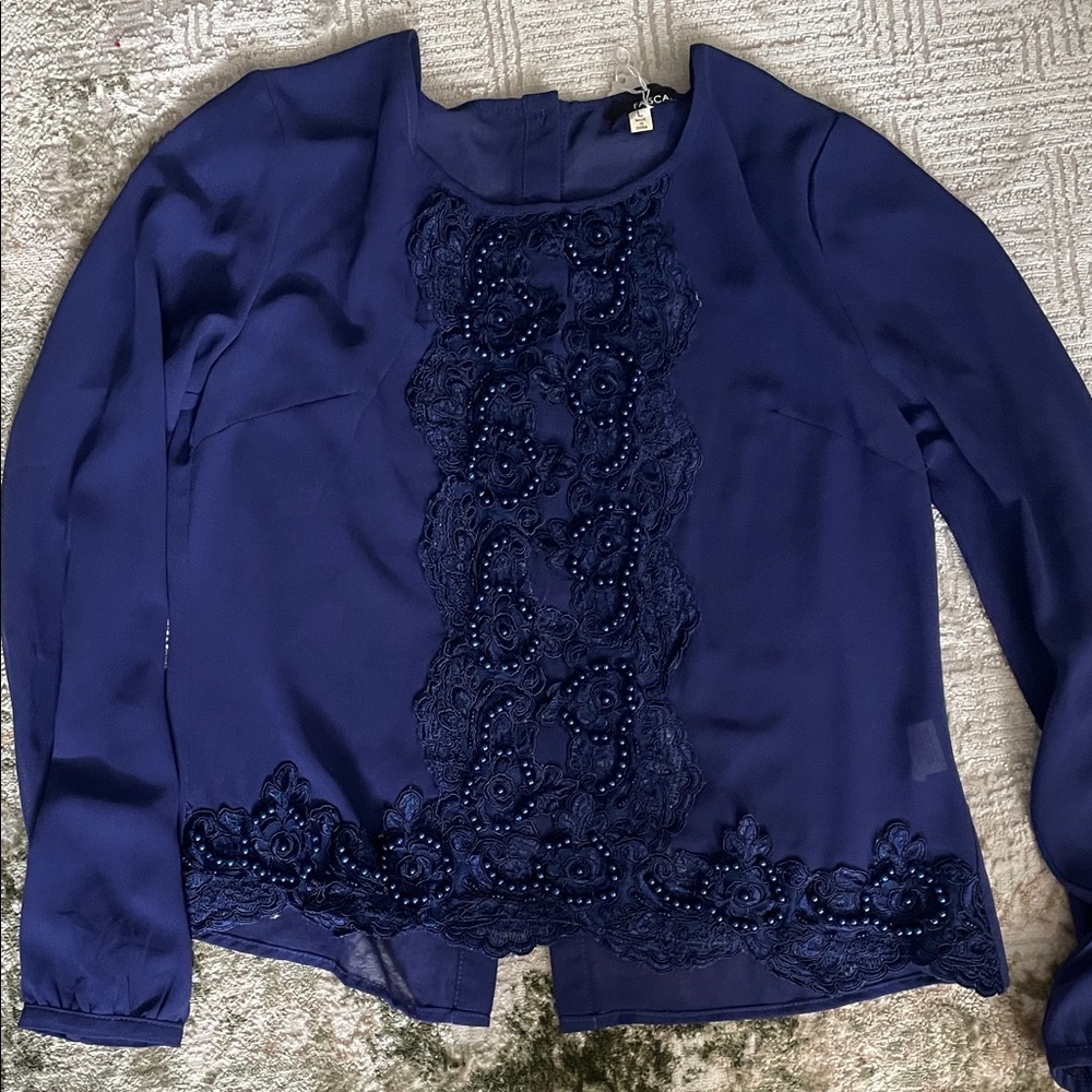 Embellished Navy Blue Beaded Lace Blouse
